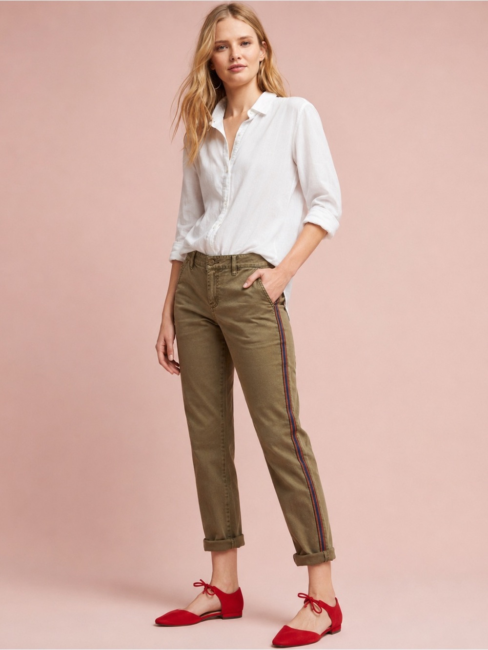 Anthropologie CHINO Relaxed Striped Chino Pants Size 30 Olive Side Stripe